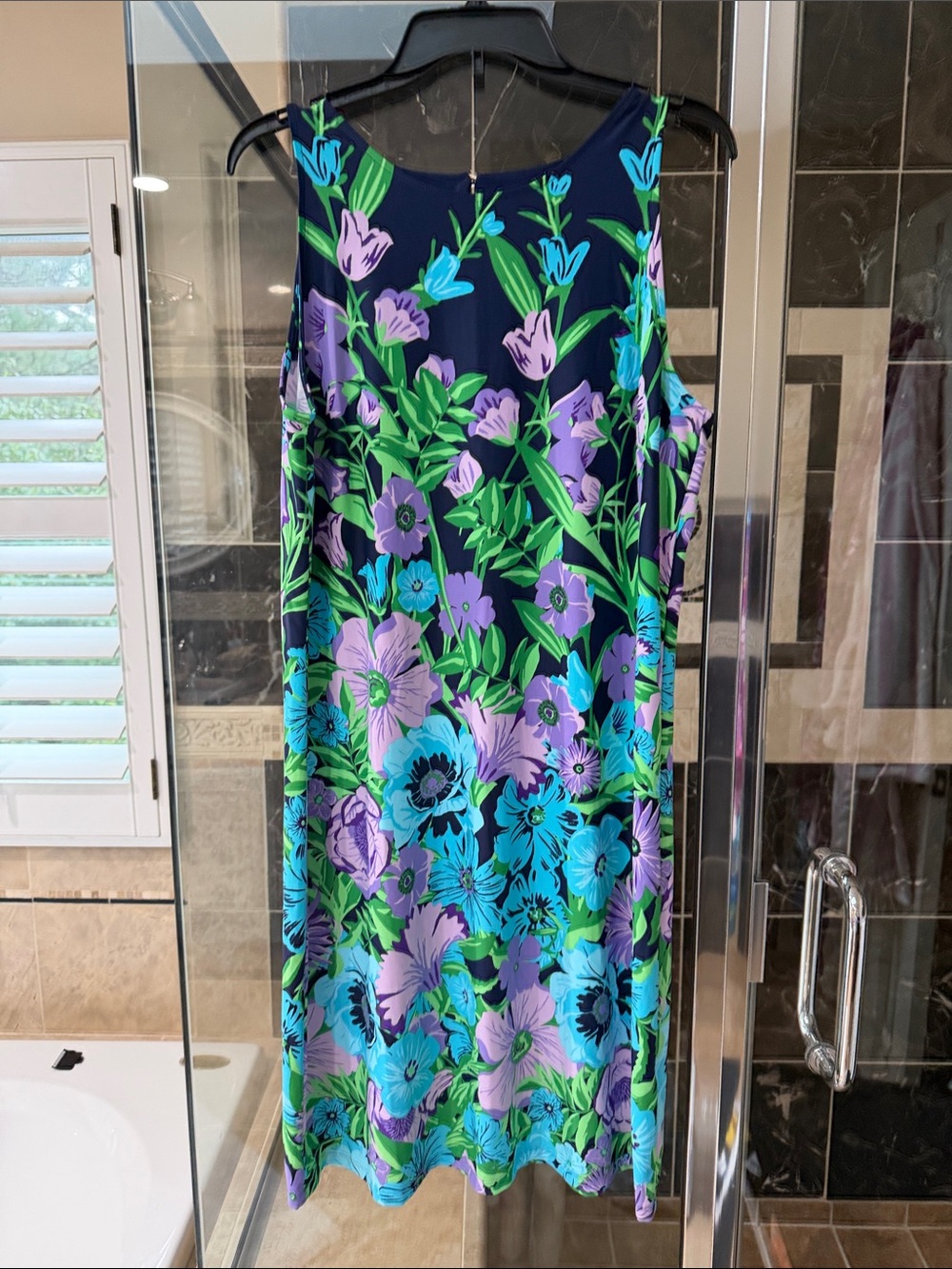 Talbots Navy Floral Sleeveless Shift Dress with Teal & Lavender Blooms